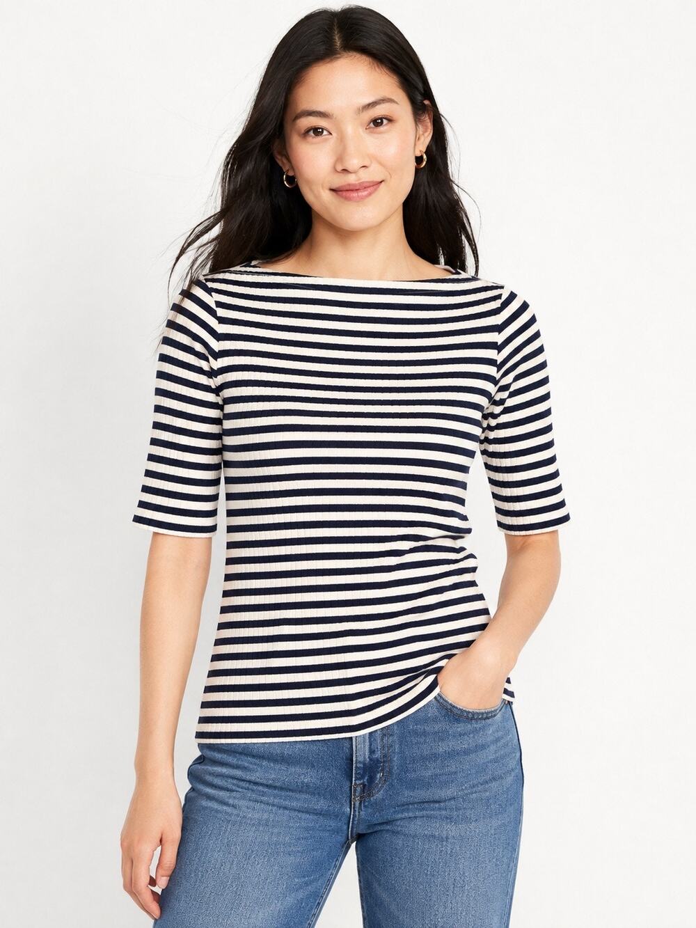 NWT Old Navy Navy Stripe Ribbed Boat Neck Elbow Sleeve Top Women L
